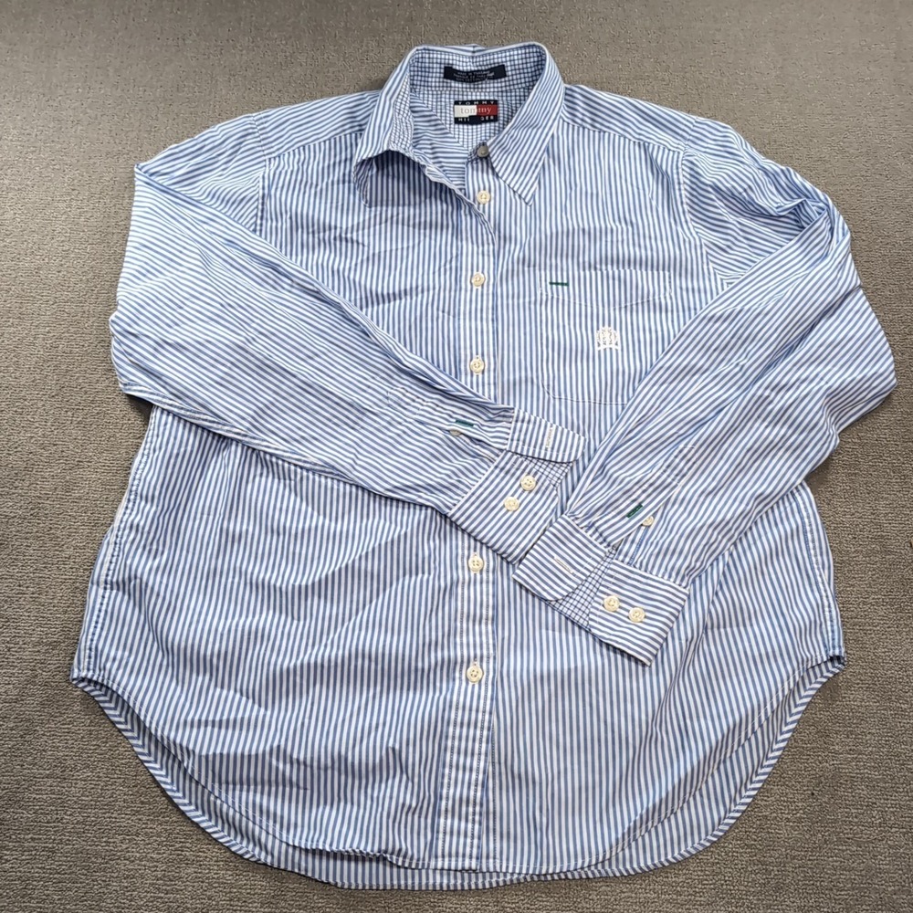 Mens Vintage 90s Tommy Hilfiger Blue Striped Long Sleeve Shirt Size 8